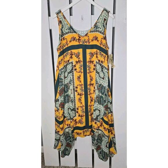 One World Sleeveless Yellow Floral V-Neck Handkerchief Dress Medium Boho - Picture 2 of 10
